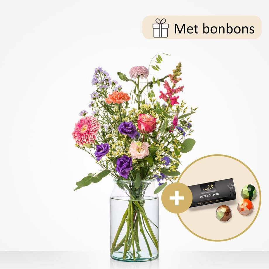 Kleurrijk gebaar boeket (cadeauset met chocolade)