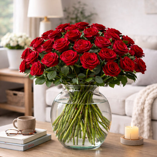 Luxurious bouquet with 50 Red Naomi roses (vase included!)